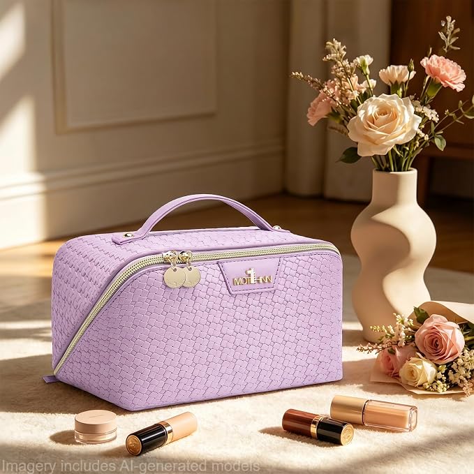 Travel Makeup Bag for Women: Designer 3 Pcs Set Cosmetic Bags for Women - Large Capacity Vagen Leather Hand-made for Toiletry Organizer - Ladies Travel Flat Open Essentials for Luxury (06Purple) - Image 2