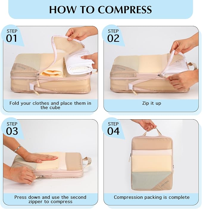 PFEYRPK Lightweight Compression Packing Cubes for Suitcases, Compressible Expandable Travel Packing Organizer with Clear Toiletries and Backpack Bag, Travel Essentials for Carry on Luggage 7 Set - Image 5