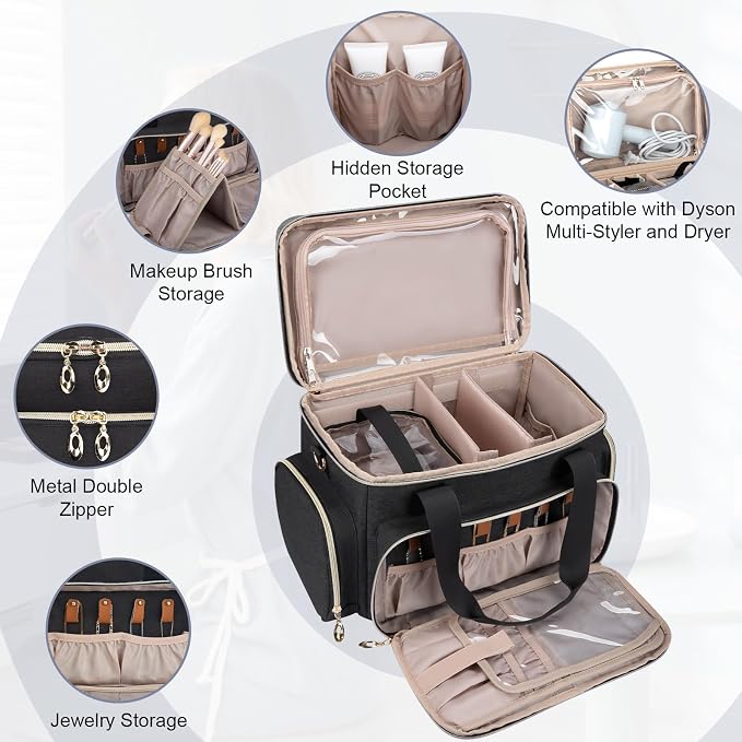 GDNasist Large Makeup Bag, Portable Travel Makeup Bag Organizer for Women Girls with 2 Removable Pouches & Detachable Dividers, Cosmetic Travel Bag, Toiletry Bag for Makeup and Hair Supplies Black - Image 5