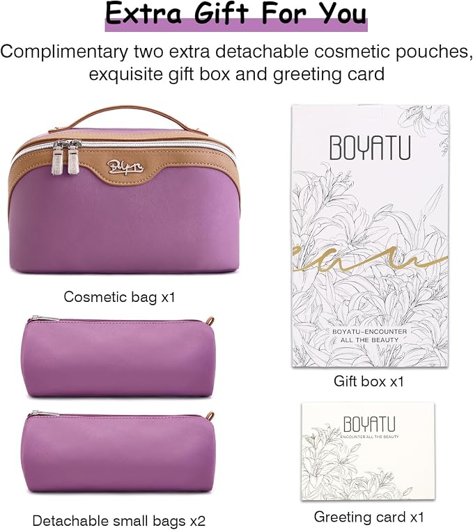 BOYATU Travel Makeup Bag Organizer Cosmetic Bag: 3 Pcs Set Make up Bags for Women with Handle - Waterproof Vegan Leather Toiletry Bags Travel Essentials Pouch with Compartments (A-05-Purple) - Image 6