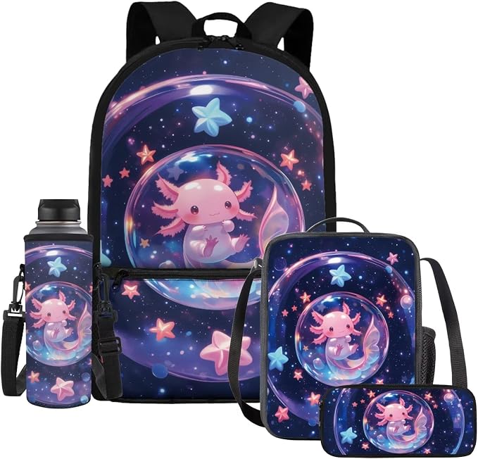 Bubble Axolotl Kids 4-in-1 School Backpack Set, 17'' Cute Bookbag with Insulated Lunch Box, Pencil Case & Water Bottle Holder, Perfect for School Travel Camping, Gift for Girls Age 6-12 by Dremagia