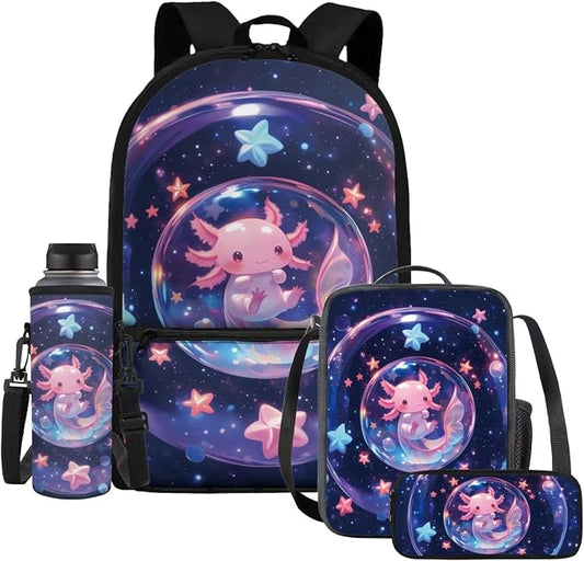 Bubble Axolotl Kids 4-in-1 School Backpack Set, 17'' Cute Bookbag with Insulated Lunch Box, Pencil Case & Water Bottle Holder, Perfect for School Travel Camping, Gift for Girls Age 6-12 by Dremagia