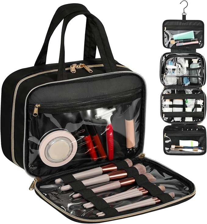 Voova Hanging Travel Toiletry Bag for Women Men, Waterproof Makeup Cosmetic Organizer Holder for Toiletries Accessories, Traveling Essentials,Shampoo,Full-Sized Container, Brushes Kit Set, Black - Image 4