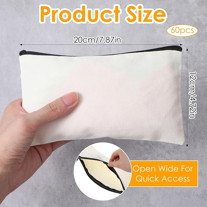 60Pcs Canvas Zipper Pencil Pouch Bulk, Blank DIY Craft Bag Canvas Pencil Case, Multipurpose Toiletry Tote Bag for Makeup Cosmetic, Invoice Bill, Travel Toiletry - Image 2