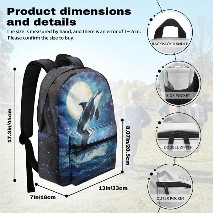 Moonlight Killer Whale Backpacks for Girls 10-12 Lightweight Boys Backpack and Lunch Box Set 4 Piece Back to School Essentials for Teen Kids Age 8-10 Travel Sport Bookbag Back Pack - Image 3