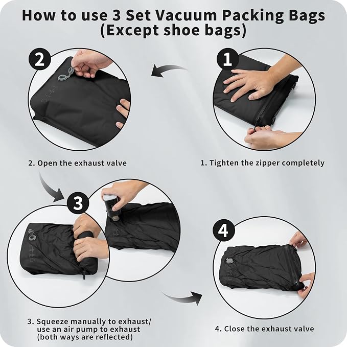 Eulant 5 Set Vacuum Packing Bags for Travel With Pump,Professional IPX8 Zip Packing Organizer for Suitcases Backpack,Space Saver Bags Packing Organizers for Clothing Packing(5 Set,Black) - Image 4