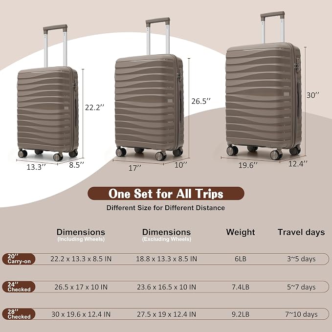 Hardside Luggage Sets, Lightweight Wave Suitcase with Spinner Wheels, PP Brown - Image 6