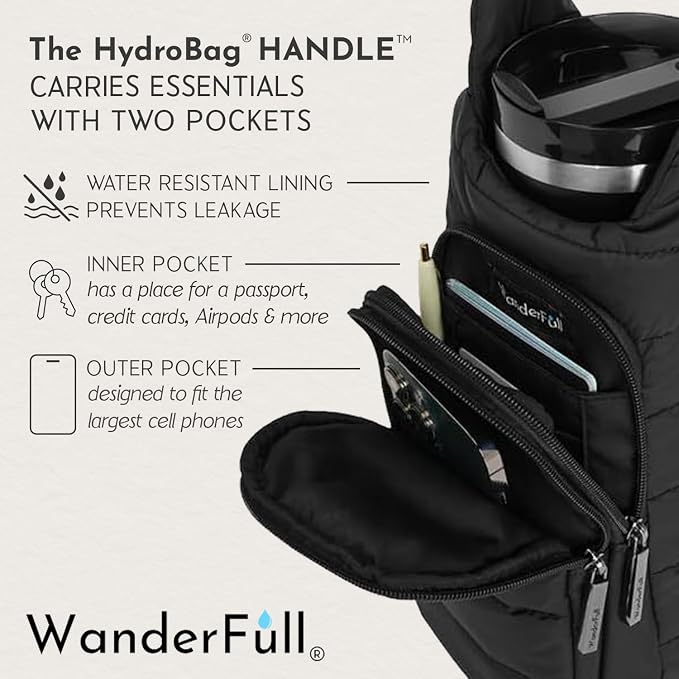 WanderFull Original HydroBag HANDLE®, Zipper for Handle, 40 oz Water Bottle Holder w/Strap, Mother’s Day Gift, Crossbody Carrier Bag w/Phone Pocket - Black Matte w/Vegan Leather Trimmed Strap - Image 5