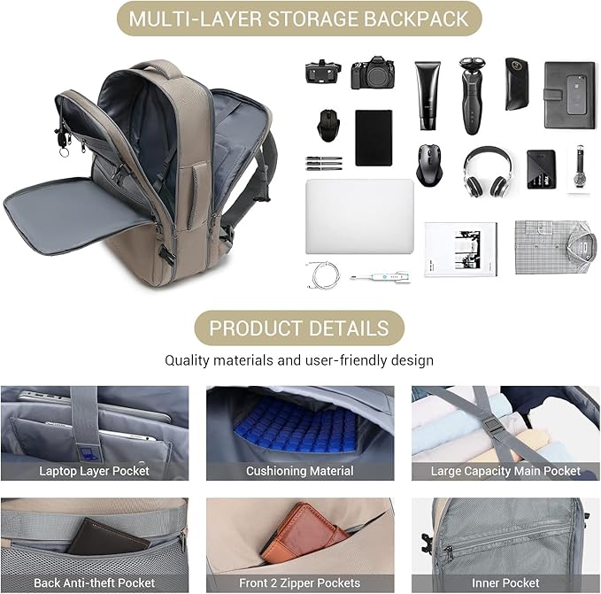 MOLNIA 50L Expandable Travel Backpack for Women Men, Carry On Travel Essentials, Flight Approved Fits 21 Inch Laptop Backpack, Waterproof Business Suitcase Weekender Backpack, Beige - Image 4