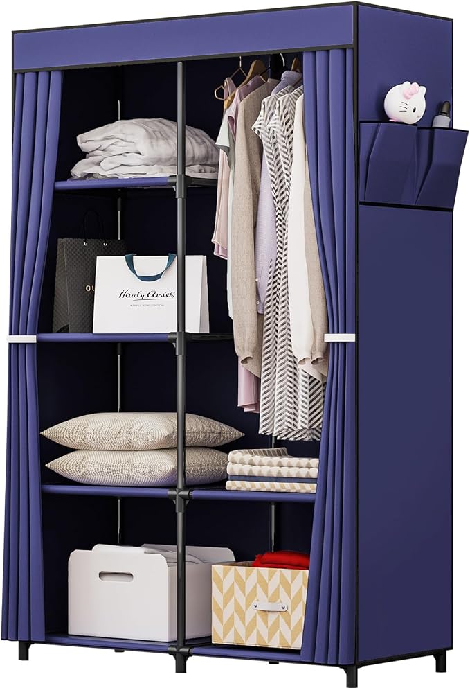 SORCEDAS Portable Closet Wardrobe Organizer Storage with Cover Non-Woben Fabric Portable Wardrobe Closet for Hanging Clothes Racks Shelving 33 Inch for Bedroom, Blue (Blue, 33Inch) by SpecialYourHome