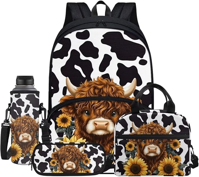 Highland Cattle Sunflowers Big Student Hiking Backpack Black White Cow Print Travel Bookbag Storage Lunch Tablet Tote Bag Water Cup Sleeve for Girls Boys Kids Teens Students, 4 Pack by Jndtueit