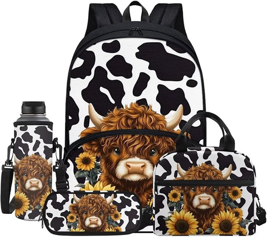 Highland Cattle Sunflowers Big Student Hiking Backpack Black White Cow Print Travel Bookbag Storage Lunch Tablet Tote Bag Water Cup Sleeve for Girls Boys Kids Teens Students, 4 Pack by Jndtueit