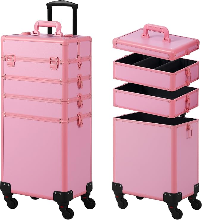 Somduy Makeup Train Case, Rolling Makeup Case with Lid, 5 in 1 Cosmetology Case on Wheels, Christmas Gift, Large Makeup Case Organizers, Profesional Cosmetic Case for Salon Barber, Pink - Image 8