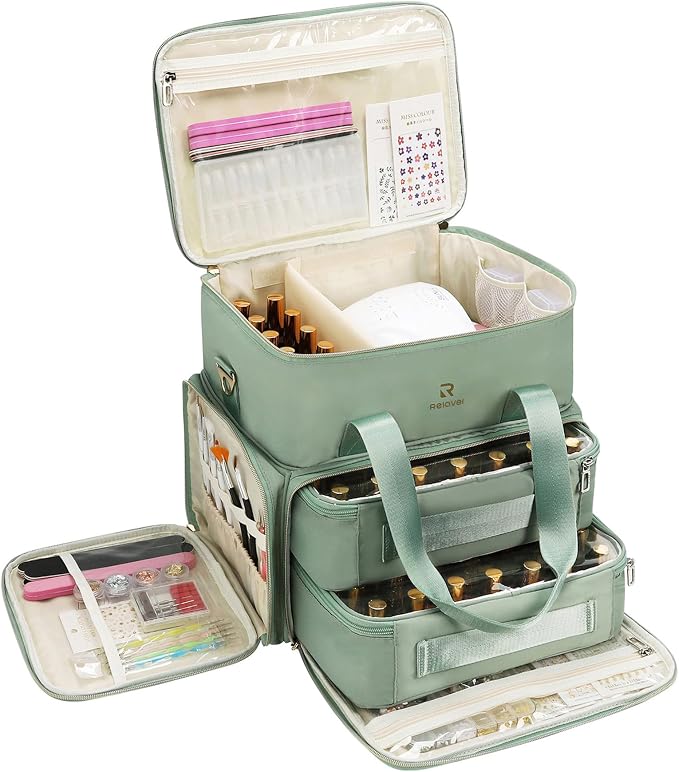 Relavel Nail Polish Organizer, Double Layer Nail Bag Holds 80-100 Bottles (15ml/0.5fl.oz) & Nail Lamp Nail Kit Storage Case, Extra Large Travel Nail Supplies Shoulder Bag for Manicure Tools (Green) by Relavel