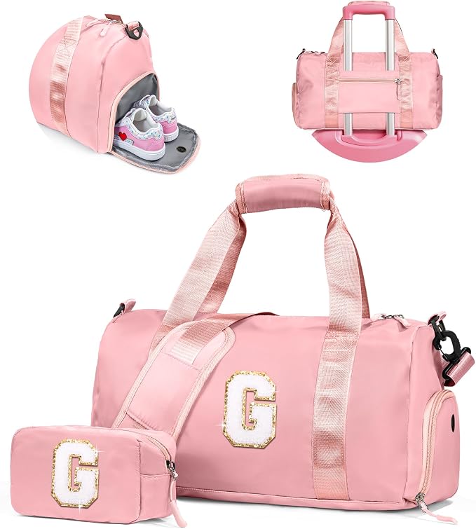 Gifts for 4 5 6 7 8 9 10 Year Old Girls-Girl Gym Bag with Shoe Compartment, Kid Personalized Weekender Overnight Bags, Initial Travel Tote with Makeup Pouch, Gift for Daughter (Letter G) by Vogewood