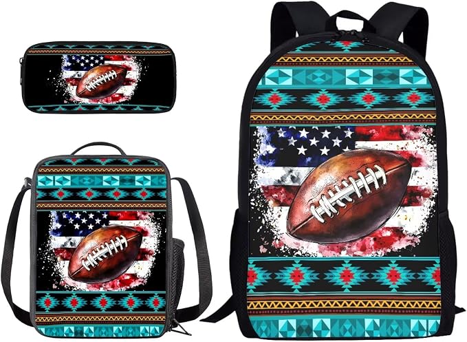 Aztec American Flag Football Print Children's Knapsack Set with Reusable Shoulder Lunch Bag 4th of July Boys Girls School or Travel Large Backpack Set, Durable School Students Daypack by PCSJRKG