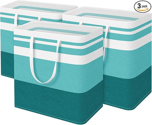 BlissTotes 3-Pack Laundry Basket, Freestanding＆Waterproof Laundry Hamper, Collapsible Tall Clothes Hamper with Easy Carry Handles for Clothes, Towels in the Family and Dorm,Gradient Green,100L by BlissTotes