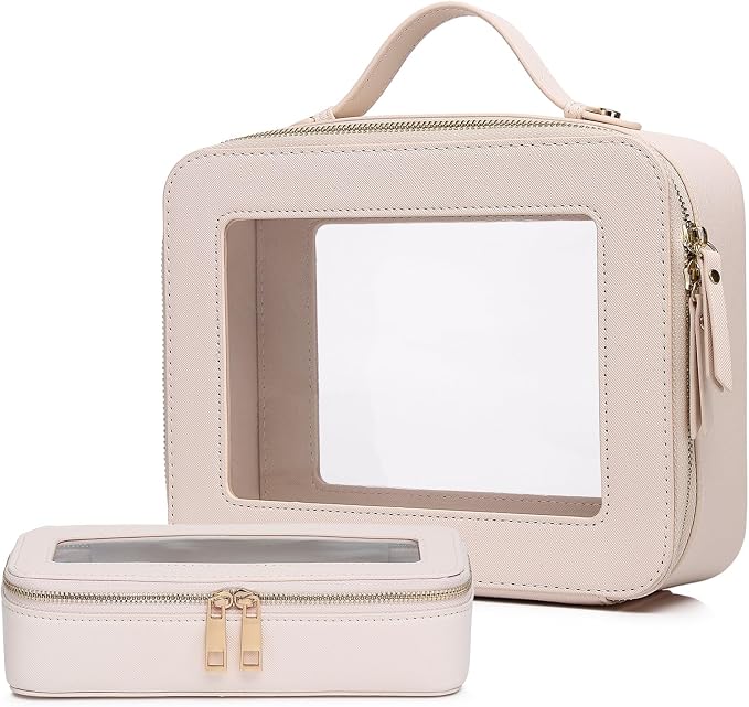 Pinkmik Clear Makeup Bag with Brush Bag 2pcs Waterproof Travel Case for Cosmetics and Toiletries Women's Cosmetic Organizer with Zipper (Beige, L+SLIM) by Pinkmik