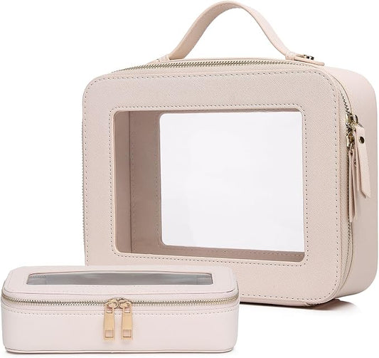 Pinkmik Clear Makeup Bag with Brush Bag 2pcs Waterproof Travel Case for Cosmetics and Toiletries Women's Cosmetic Organizer with Zipper (Beige, L+SLIM) by Pinkmik