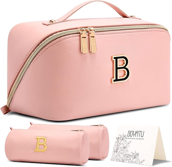 BOYATU Makeup Bag Gift for Women: 3-in-1 Travel Personalized Cosmetic Bag | Initial Make up Bag - Monogram A-Z - Vegan Leather Flat Open Toiletry Organizer - Ideal Gift Set for Birthday Graduation by BOYATU