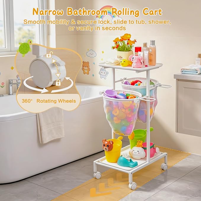Bath Toy Storage Holder, Quick Drying Bathtub Toy Organizer with 2 Hanging Mesh Net and Shower Caddy, Large Bath Tub Toy Bin Easy Access, Freestanding Bathroom Toys Basket Cart for Toddler - Image 5