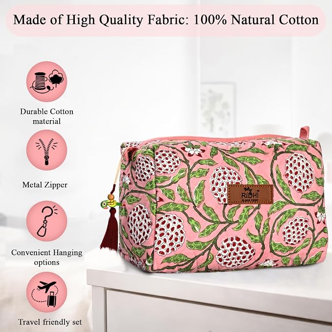 Ridhi Strawberry Pink Hand Block Printed Floral Toiletry Bag For Women 100% Cotton Quilted Set of 3 Waterproof Inner Lining, Cosmetic Jewelry Organizer, Travel Pouch, Essential Storage Purse Gifts - Image 7