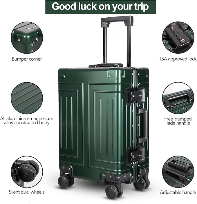 All Aluminum Magnesium Carry On Luggage，Cut from Whole Aluminum Sheet，22x14x9 Airline Approved ，（3rd Generation，Premium Magnesium Metal zipperless suitcase ） (green, 20in+26in) - Image 7