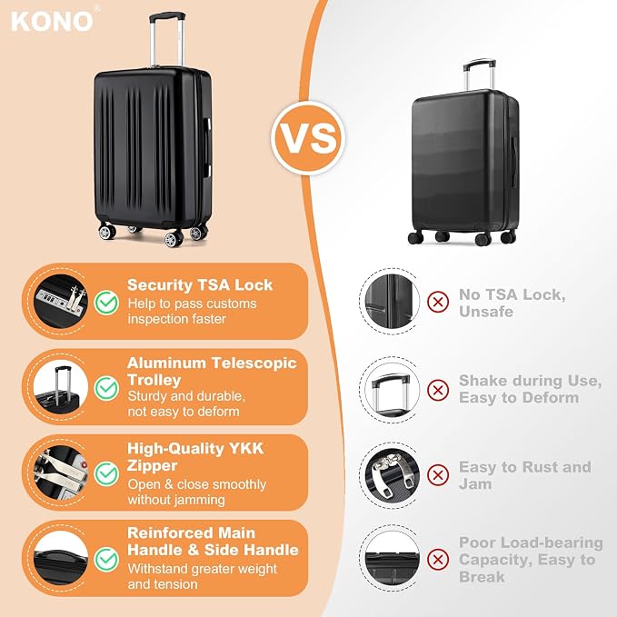 Kono Lightweight 28 Inch Expandable Luggage with Quiet Spinner Wheels TSA Lock, Scratch and Drop Resistant PC+ABS Hardside Durable Large Checked Suitcase, Black - Image 7