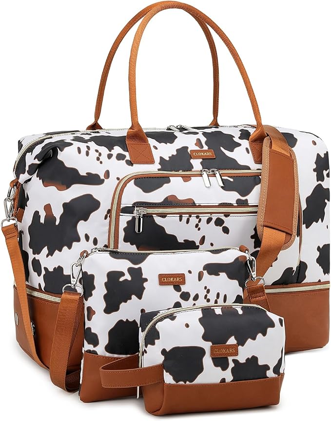 Weekender Bags for Women, Travel Duffle Bag Carry On Overnight Bag with Cosmetics Bag and Crossbody Purse for Gym Hospital, Gifts for Women, Cow Print Brown by Unknown