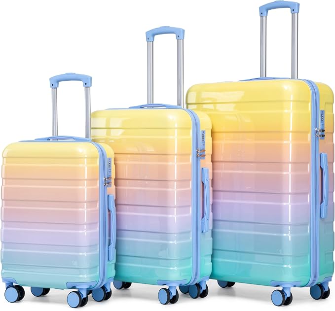 GDFStudio 20"/24"/28" 3-Piece PC Spinner Wheel Luggage Set, Carry-On Suitcase with Gradient Color and TSA Combination Lock - Blue+Yellow - Image 3