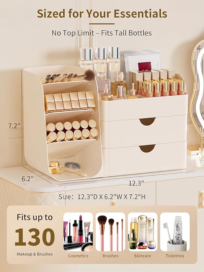 Booklov Small Makeup Organizer for Vanity and Bathroom Countertop, Cream | Plastic Cosmetic Display Case with Drawers, Beauty Brush Holder for Dresser Counter Skin Care Eyeshadow Lipstick Storage - Image 2