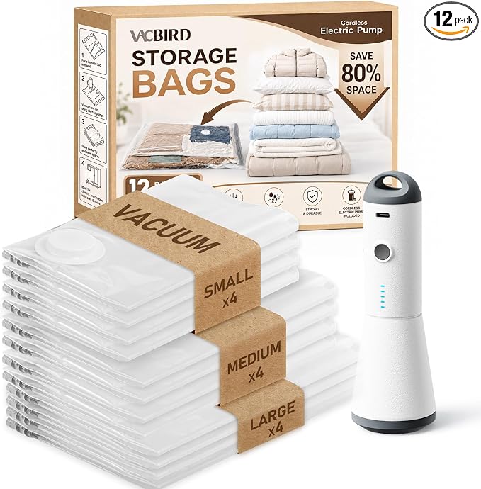 Vacbird Travel Vacuum Storage Bags with Rechargeable Cordless Pump, 12 Pack Vacuum Seal Bags for Clothing(4 Large+4 Medium+4 Small), Compression Packing for Clothes Suitcase Luggage Blanket Pillows by Vacbird