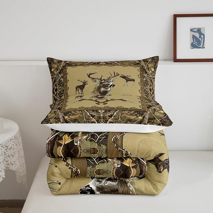 Erosebridal Vintage Deer Comforter Set Full Size Jungle Trees Bedding Set for Teens Youth Western Antler Quilt Farmhouse Animal Patchwork Down Comforter with 2 Pillow Shams Lightweight - Image 6