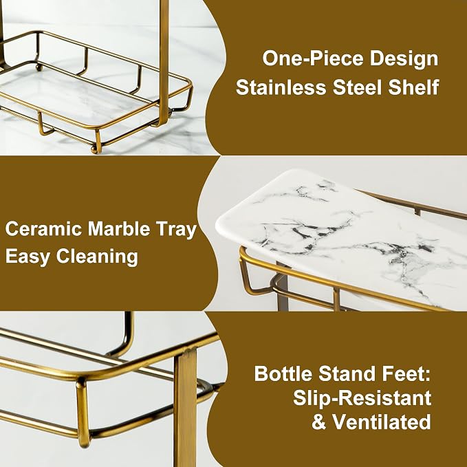 Bathroom Organizer Countertop Perfume Organizer Makeup Organizer Cosmetics Storage Display Rack Vanity Tray Dresser Stainless Steel Gold Shelf White Marble Ceramic Tray - Image 3