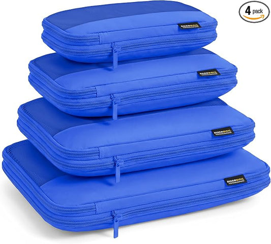4 Piece Compression Packing Cubes for 3–7 Day Travel, Dark Blue | Wrinkle-Resistant Memory Fabric, Breathable Mesh Panel, Double-Zipper, Small to Large Size Bag, Smart Organization by SOARSAIL