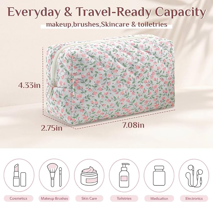 Paterr 10 Pcs Quilted Makeup Bag Bulk Cotton Floral Cosmetic Bag Women Girls Bridesmaid Gifts Cute Makeup Pouch Coquette Aesthetic Travel Toiletry Organizer (Mix Print,7.09 x 4.33 x 2.76 Inches) - Image 2