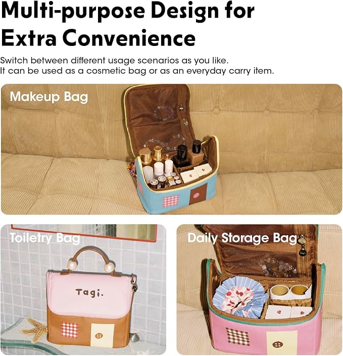 Tagi. Signal House Large Capacity Travel Makeup Bag, Waterproof PVC Cosmetic Bag for Women, Wide-Open Flat Pouch for Brushes & Skincare, Portable Organizer with Handle & Dividers - Image 6