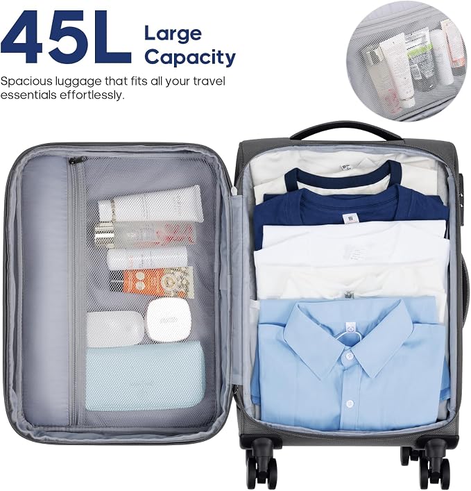 UKEIN Expandable Carry On Luggage 22x14x9 Airline Approved, 20Inch Softside Carry On Suitcase with Wheels & TSA Lock, Travel Suitcase with 4-Piece Packing Bags for Women Men (Grey, Carry on （20in）) - Image 3
