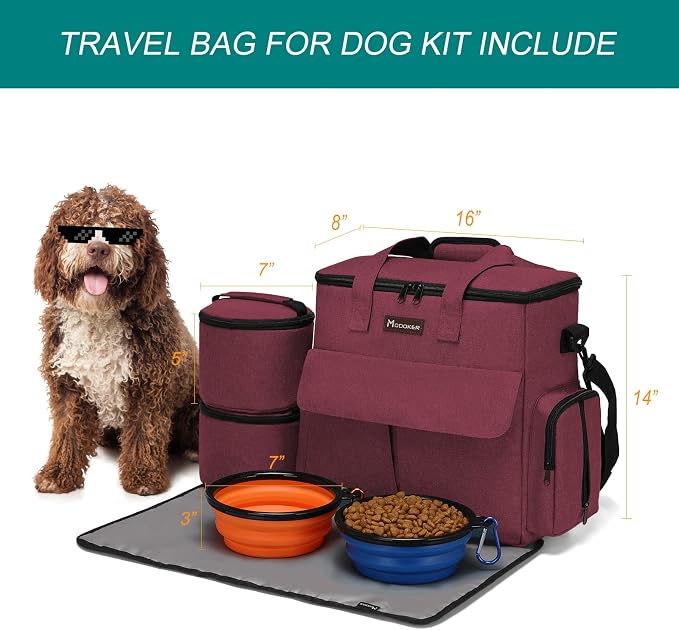 Modoker Dog Travel Bag with 2 Food Bags, 2 Bowls and 1 Mat(Rose Red) | Roomy Main Compartment | Multiple Functional Pockets | Water-Resistant Oxford Fabric | PVC Backing | Leak-Resistant Lining - Image 4
