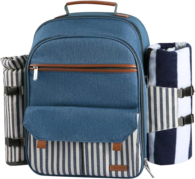 Sunflora Picnic Backpack for 4 Person Set Pack with Insulated Waterproof Pouch for Family Outdoor Camping(Blue & Stripe) by Sunflora