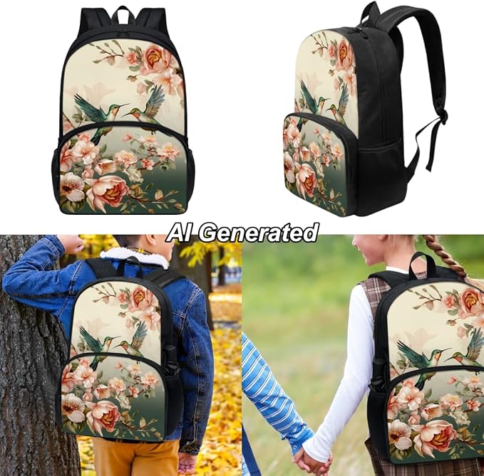 Humingbird Kids Backpack Girls Elementary School Floral School Bags for Teens 3 Pcs Set Travel Bookbag with Lunch Bag and Pencil Case for School - Image 2