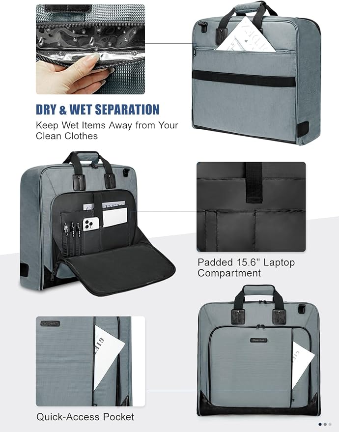 Noozion Garment Bag for Travel, Large Carry On Suit Bag for Business Up to 3 Suits, Wrinkle Free Garment Bag for Hanging Clothes with Shoulder Strap, Laptop Compartment, and Wet-Dry Pocket - Image 7