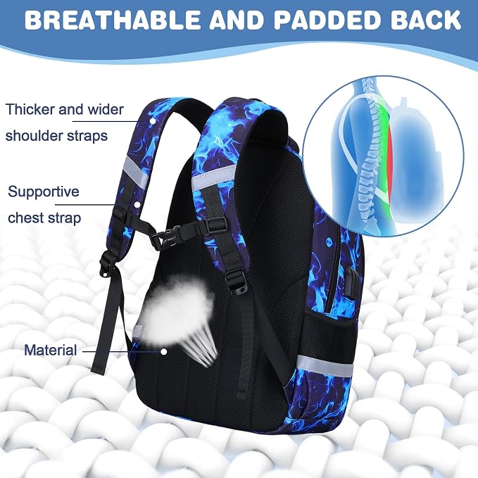 Bevalsa Backpack for Boys, School Bags for Kids, Bookbag for Boys Children Teens Backpacks for Elementary Middle High School Student, Bookbag and Lunch Bag Set with USB Charging Port (Blue Flame) - Image 5