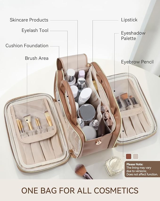 Prite Travel Makeup Bag Women’s Large Capacity Waterproof Cosmetic Organizer Portable Open Flat Toiletry Case with Free-standing Brush Holder and Handle(Brown Medium) - Image 3