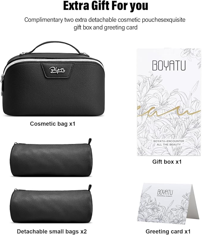 BOYATU Travel Makeup Bag Cosmetic Bags for Women: Large Capacity 3 Pcs Set Make up Bag with Compartments - Waterproof Vegan Leather Toiletry Organizer Bags with Handle (L26Black) - Image 6
