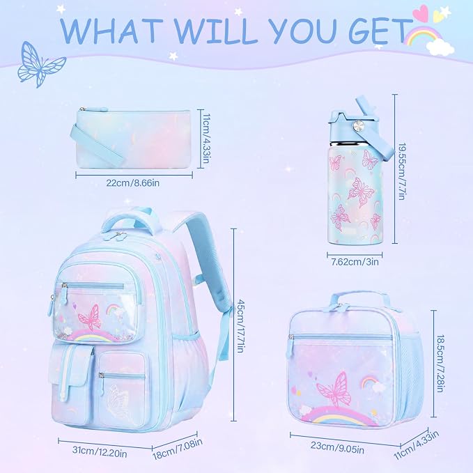 ACESAK Kids School Backpack for Girls, Rainbow Bookbag Backpack with 14OZ Water Bottle, Lunch Bag Set for GirlsTeens Middle Student, Girls Backpacks for School (Blue) - Image 2