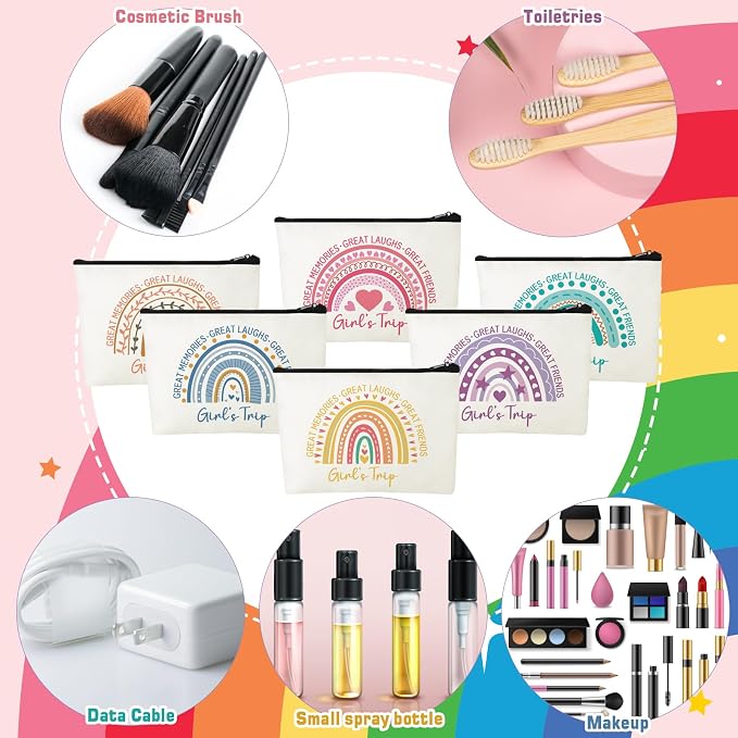 Sweetude 12 Pcs Girls Trip Makeup Bags Bulk Girls Weekend Gifts Rainbow Makeup Bag Portable Travel Cosmetic Bags with Zipper Bachelorette Travel Storage Pouch for Women Friendship Bestie Party Favors - Image 3