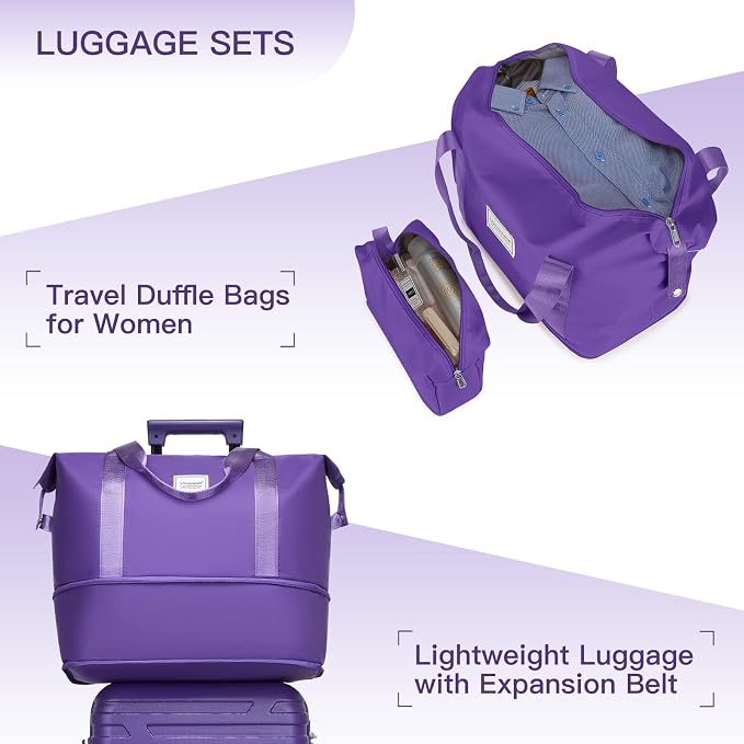 Purple 6 Piece Luggage Set Hard Shell - Expandable Suitcases with Spinner Wheels and Duffel Bags for Family Travel, Durable Carry On Luggage Sets with Lock for Women and Girls - Image 4