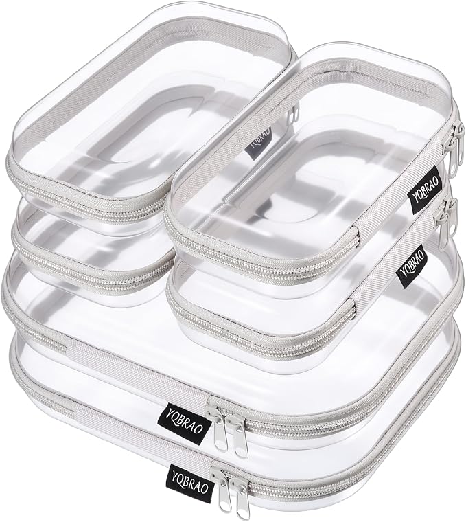 6 Pack Gray Clear Hard Shell Beauty Organizer (2M+4S), 1.2mm Heavy Duty Crush-Proof Cosmetic Case, Reinforced YKK Zippers, Stadium Approved Security Bag for Skincare & Electronics, Multi-Size Set by Unknown