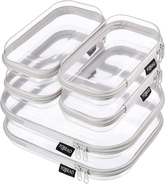 6 Pack Gray Clear Hard Shell Beauty Organizer (2M+4S), 1.2mm Heavy Duty Crush-Proof Cosmetic Case, Reinforced YKK Zippers, Stadium Approved Security Bag for Skincare & Electronics, Multi-Size Set by Unknown